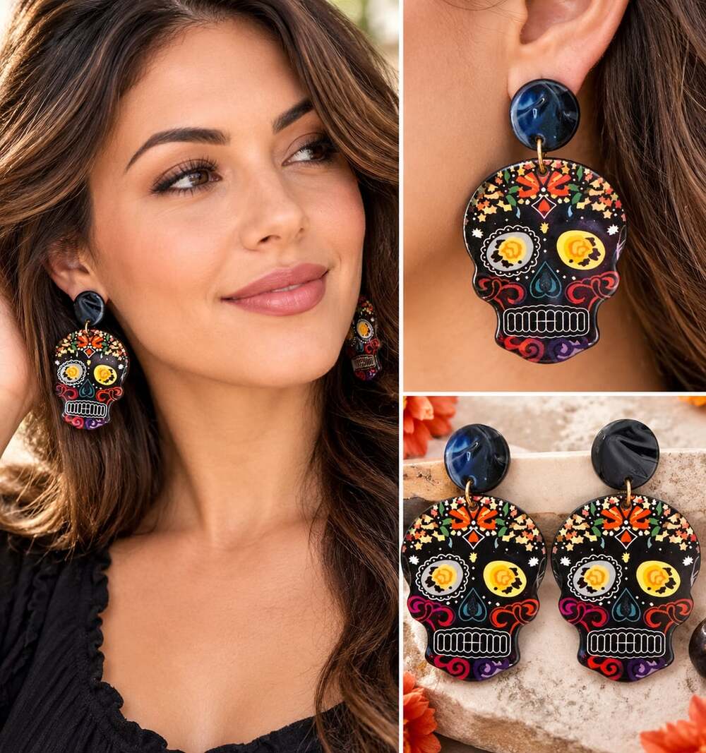 Acrylic Sugar Skull Dangle Earrings Black Floral Day Of The Dead